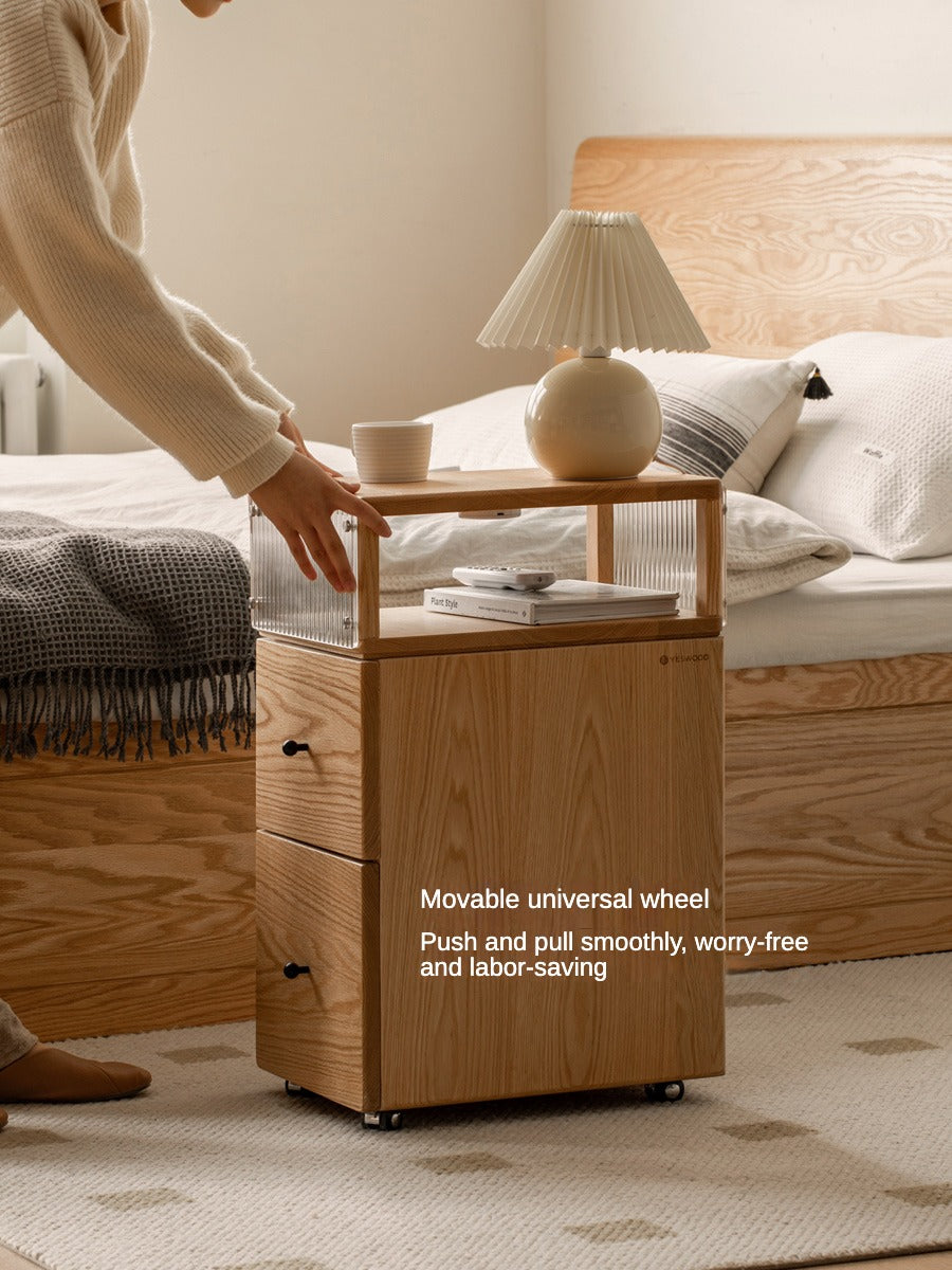 Oak Solid Wood wheel nightstand Narrow with Light)