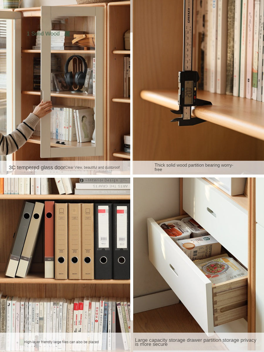 European Beech, Oak Solid Wood Floor-Standing Bookshelf with Glass Door Display