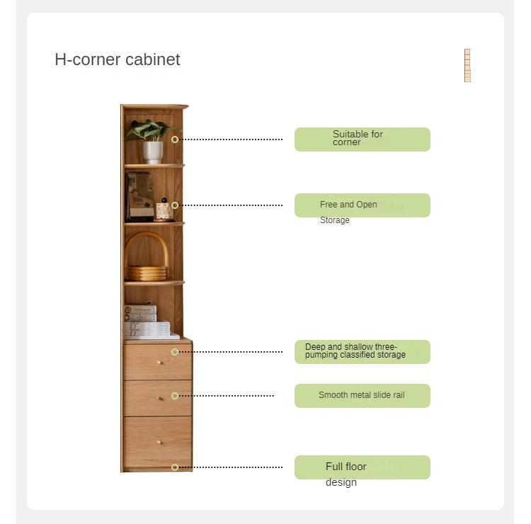 Oak Solid Wood Nordic Style Bookshelf with Floor Storage Cabinet