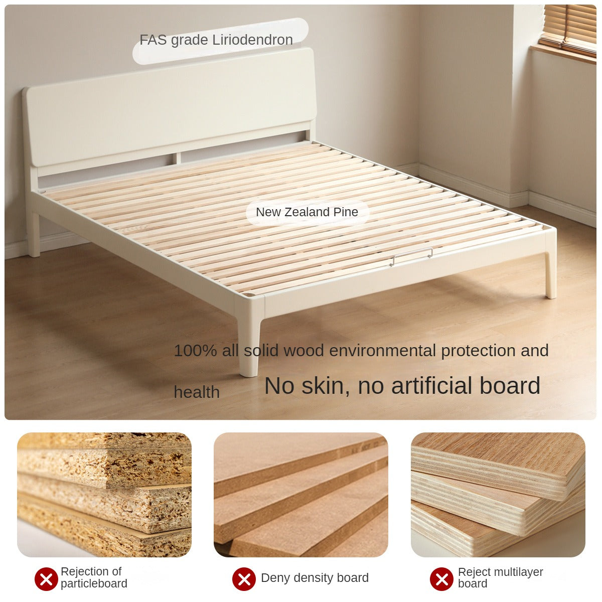 Poplar, Rubberwood Solid Wood Bed Modern Simple Cream Style