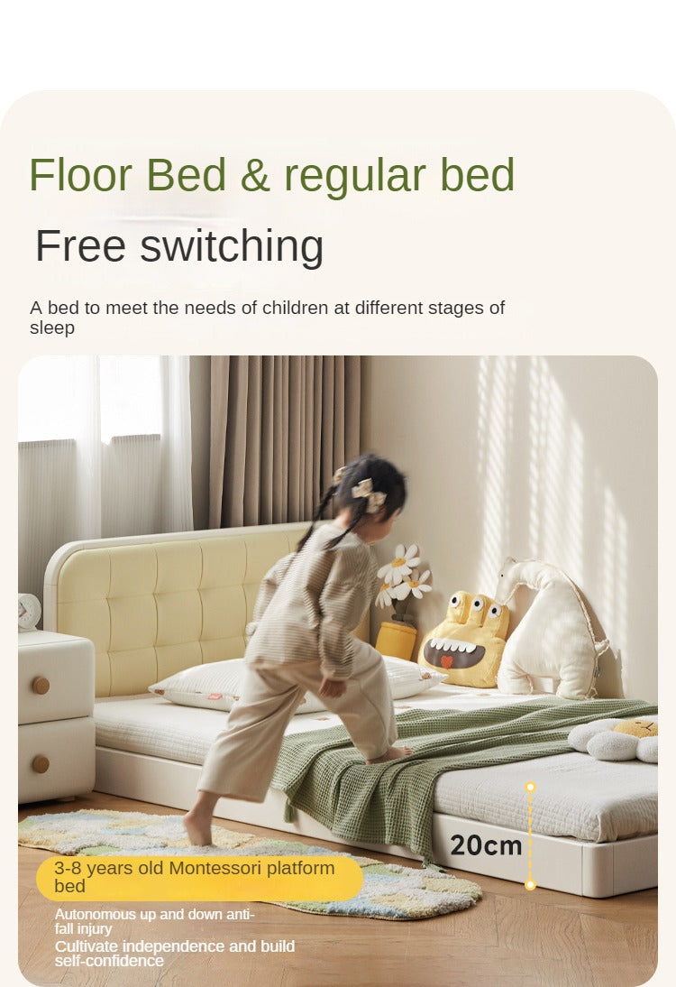 Rubber Solid Wood Children's White Cream Style Montessori Platform Bed.