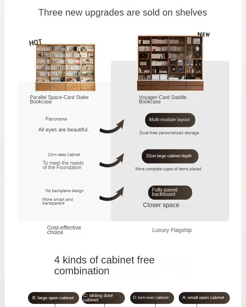 Black Walnut, Oak, Sandalwood, Ash Solid Wood Light Luxury Combined Bookshelf With Seat