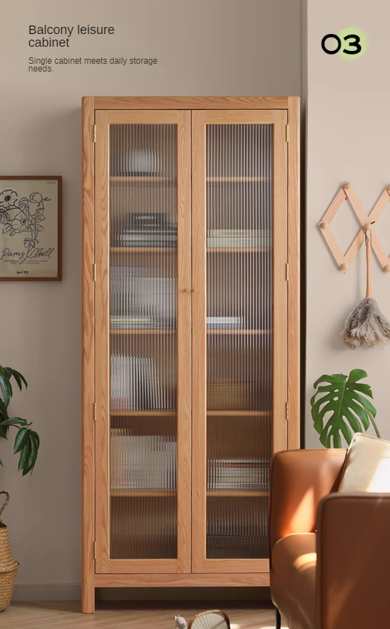 Oak Solid Wood Bookcase With Glass Door.