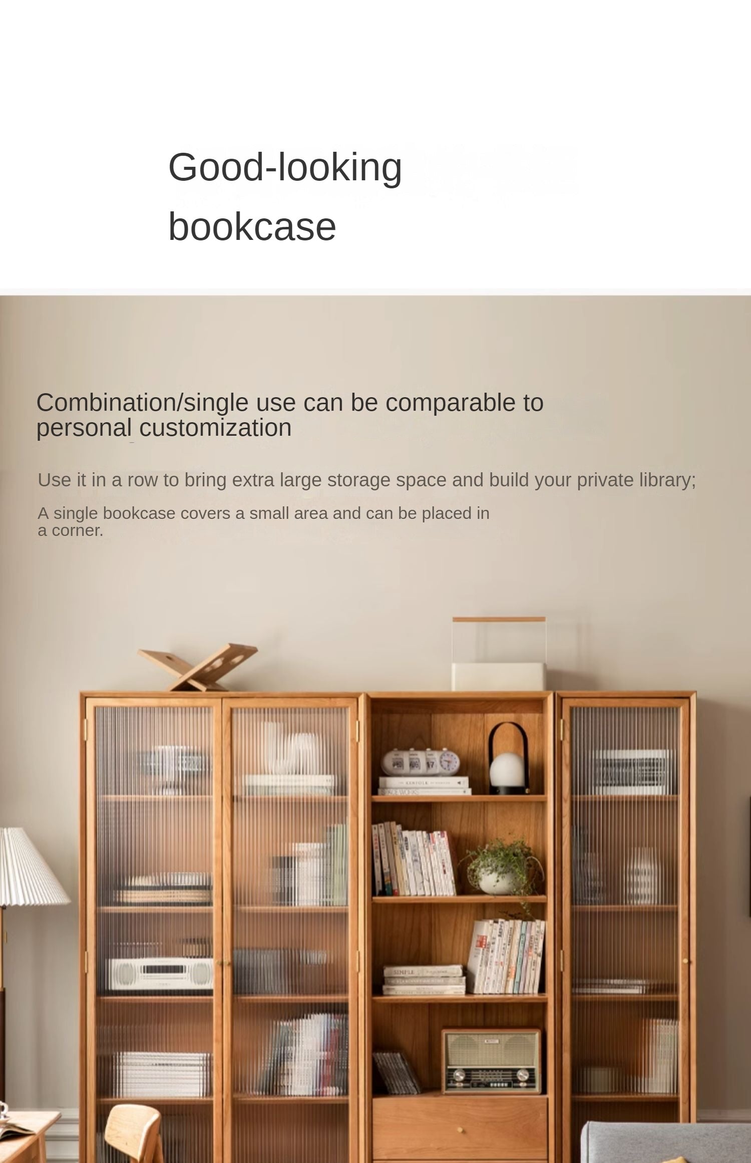 Cherry Wood Combination Bookcase Floor Shelf Glass Door Bookcase