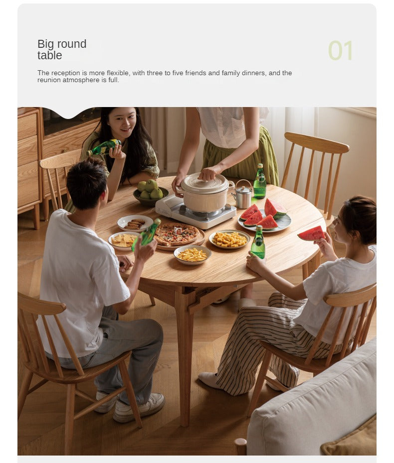 Solid Rubberwood, Oak Solid Wood Folding Round Retractable Dining Table