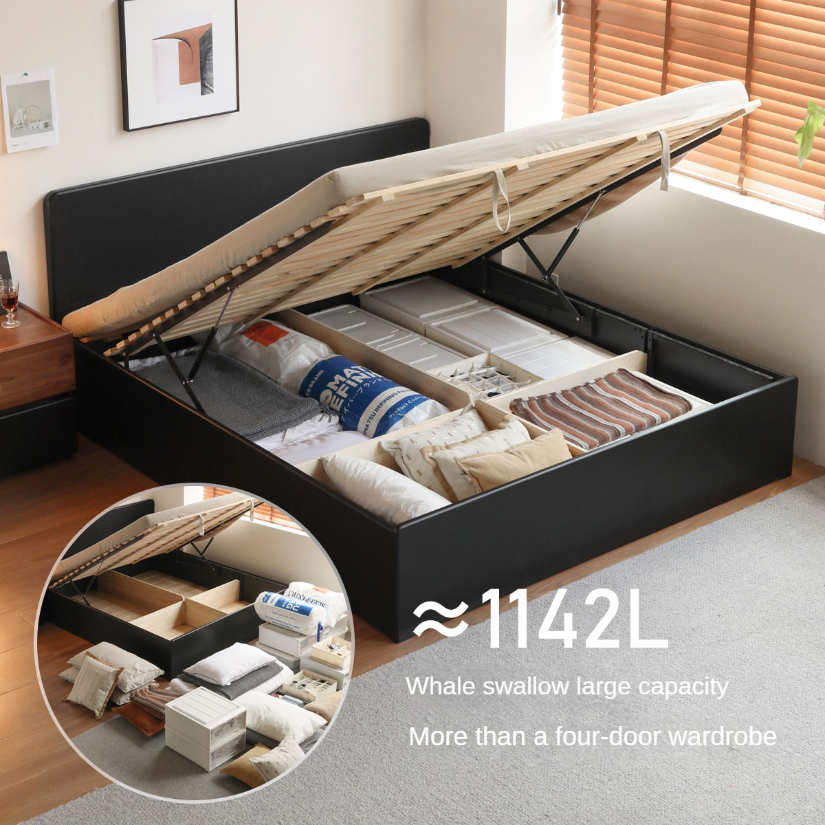 Poplar, Rubber Wood Solid Wood Fully Open High Box Bed Minimalist