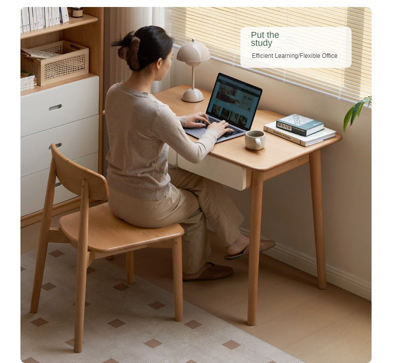 Beech Solid Wood Office Desk with 2 Drawers
