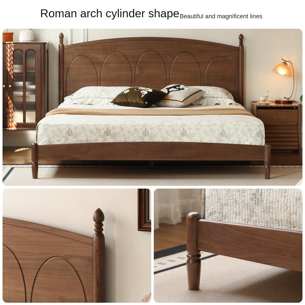 Black Walnut, Poplar Solid Wood Big Bed Retro French