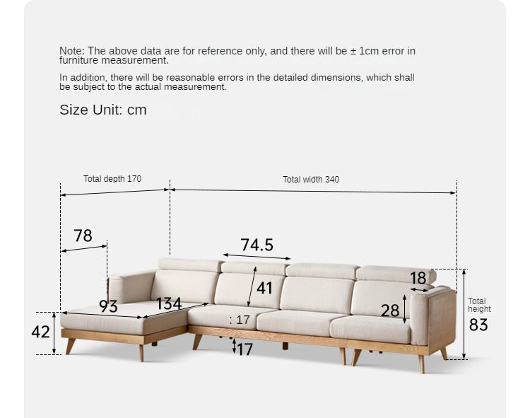 Ash Solid Wood L-Shaped Fabric Sofa with Adjustable Headrests