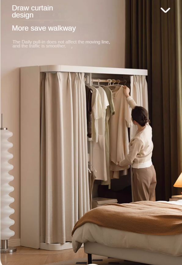 Poplar Solid Wood White Cream Walk-in Curtain Wardrobe.