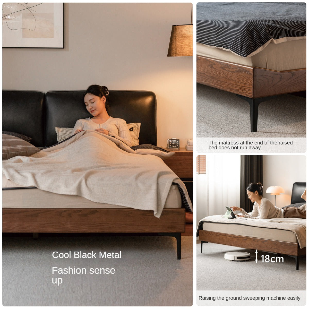 Oak,Black Walnut Solid Wood Soft Genuine Leather Bed Light Luxury