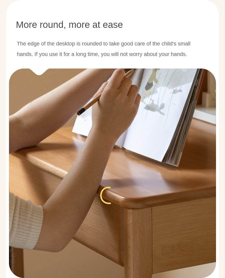 Beech, Rubber Solid Wood Children's Desk Bookshelf Integrated