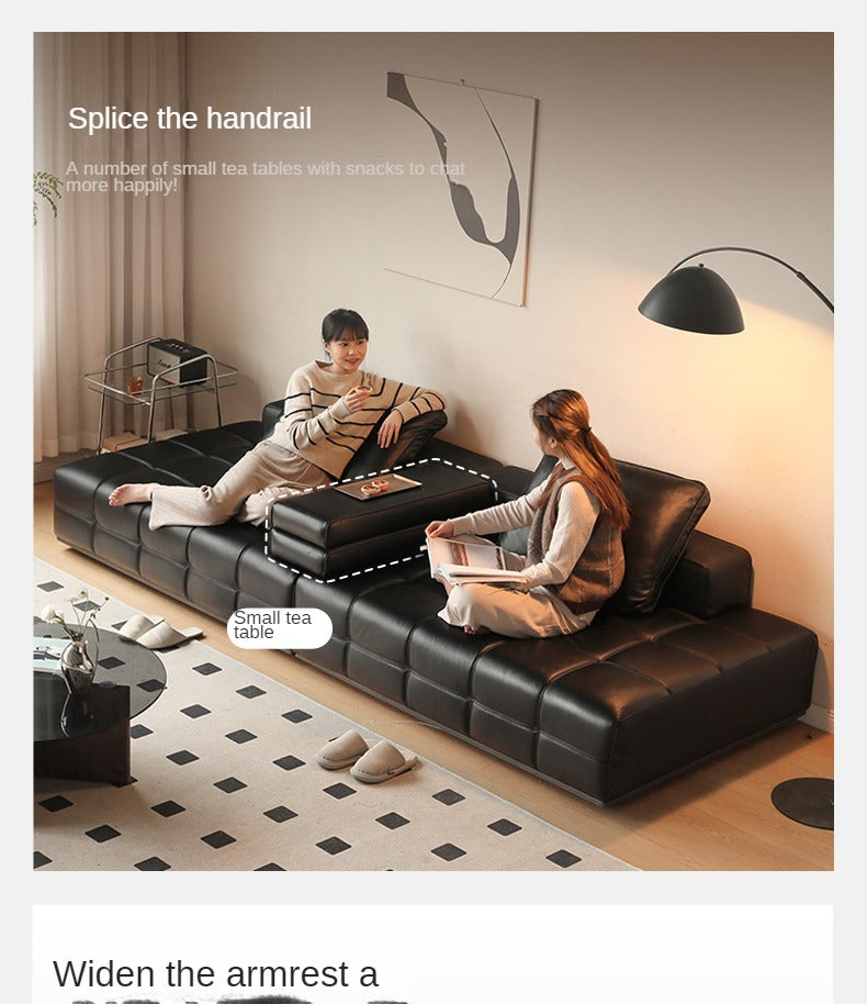 Leather Sofa Italian Black Straight Head Layer Yellow Cowhide.