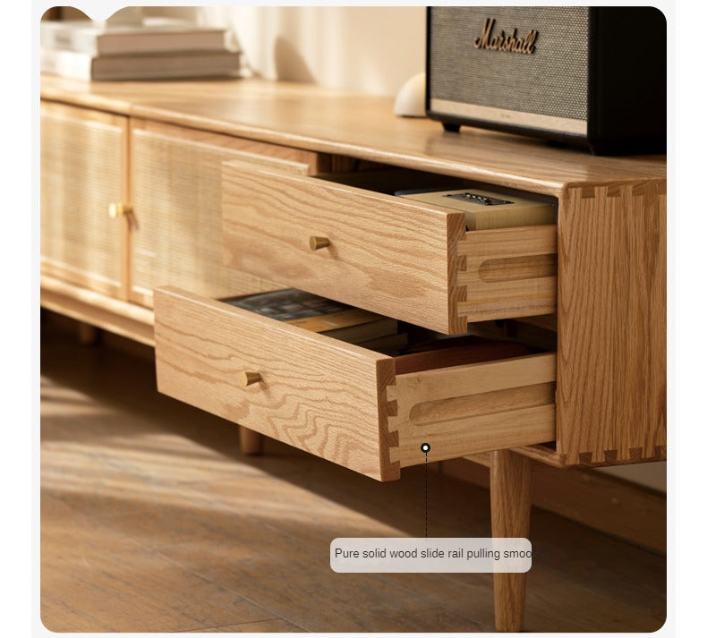 Oak Solid Wood Rattan TV Cabinet