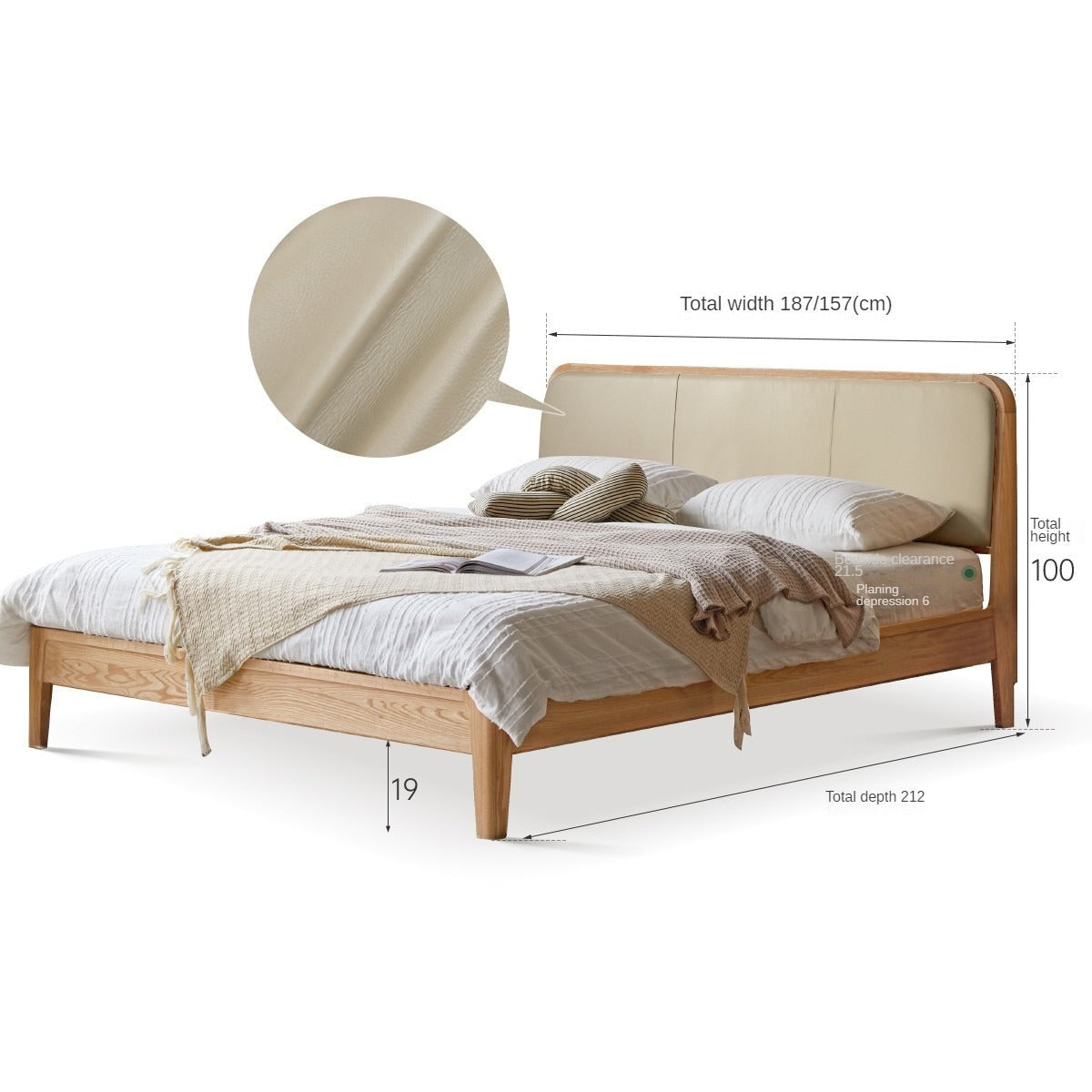 Oak Solid Wood Bed Modern Genuine Leather,Technology Cloth, Fabric