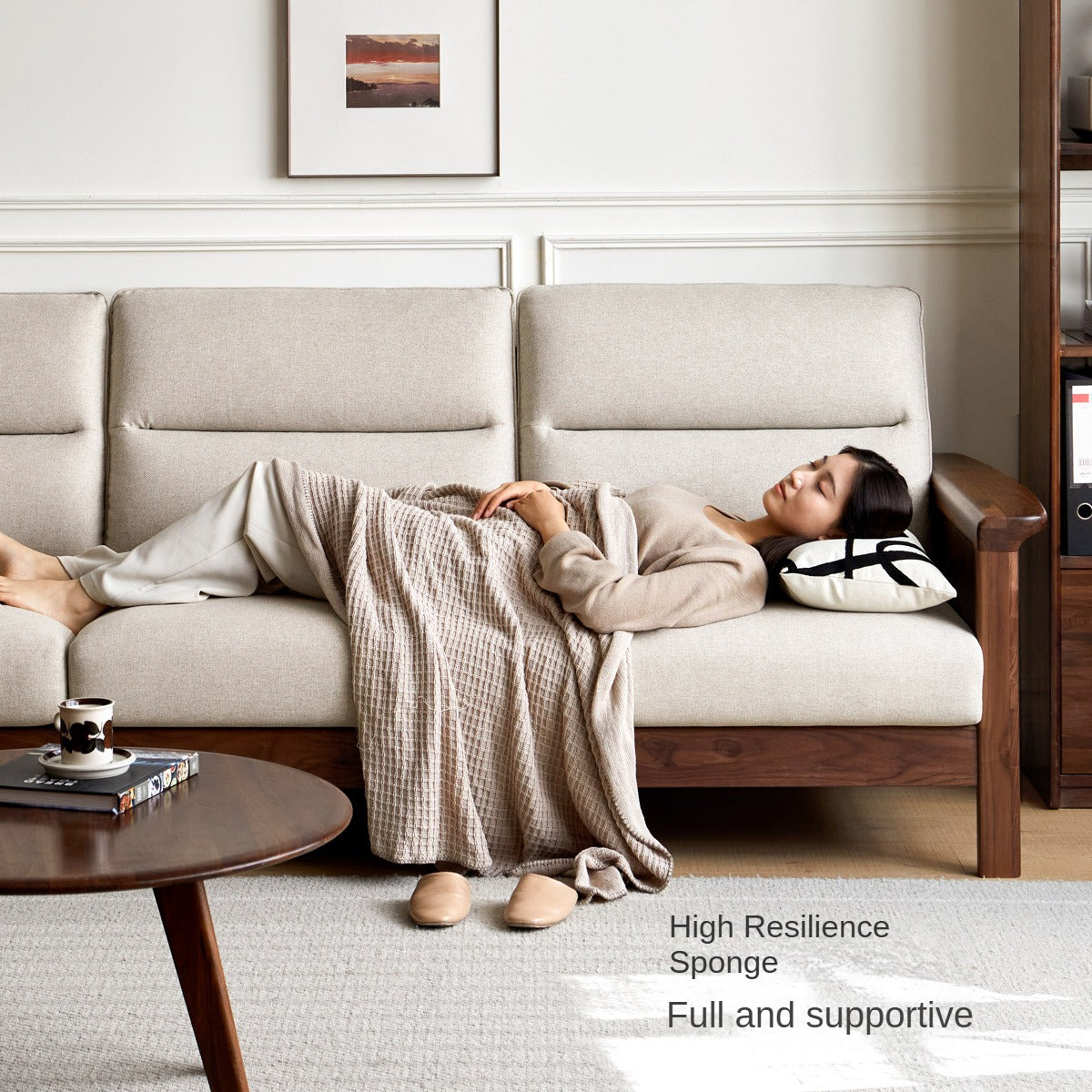 Sandalwood, Black Walnut Solid Wood Fabric Sofa.