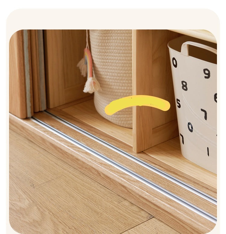 Oak Solid Wood Children's Sliding Door Wardrobe Storage Cabinet