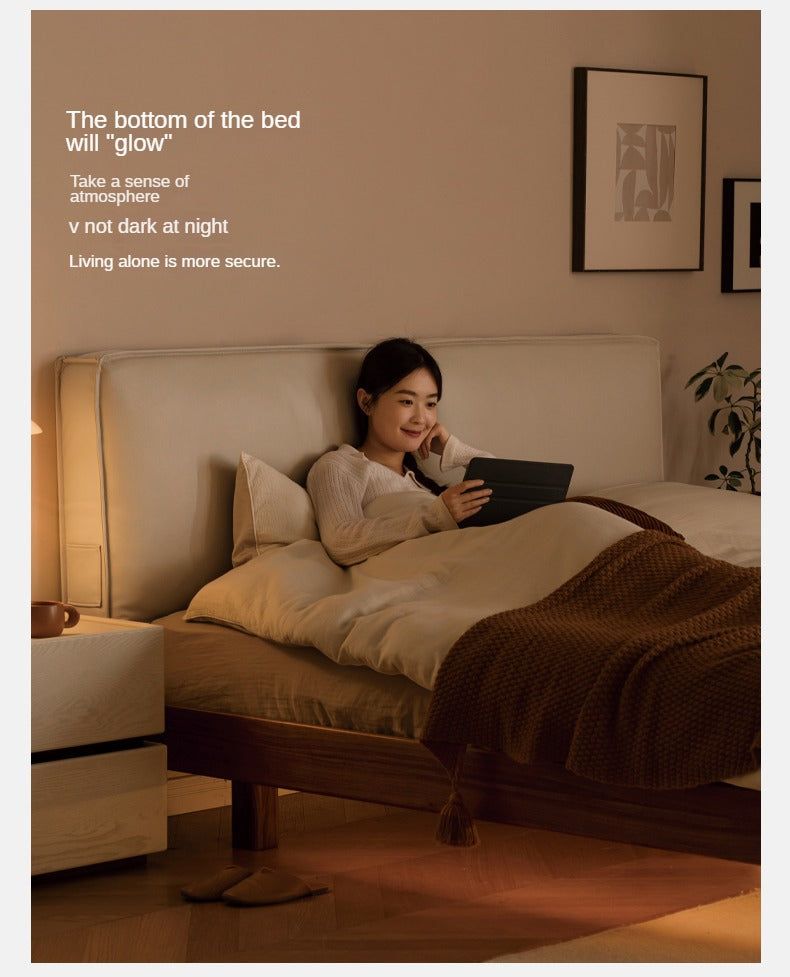 Teak, Black Walnut Solid Wood Genuine Leather Suspended Bed with Light