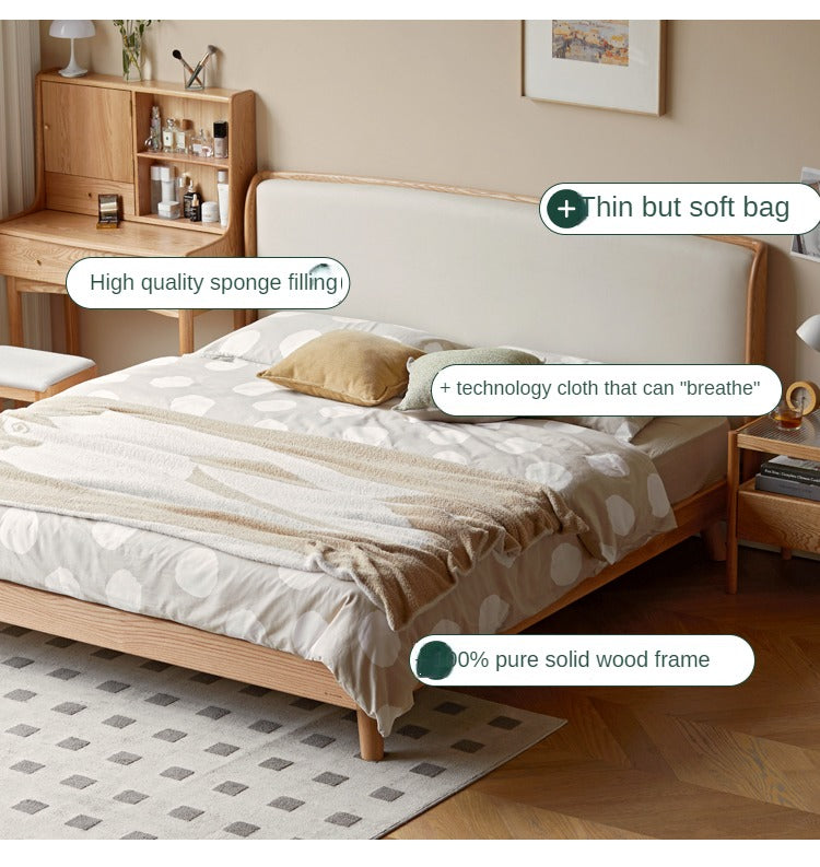 Oak Solid Wood Genuine Leather, Tech Fabric Bed
