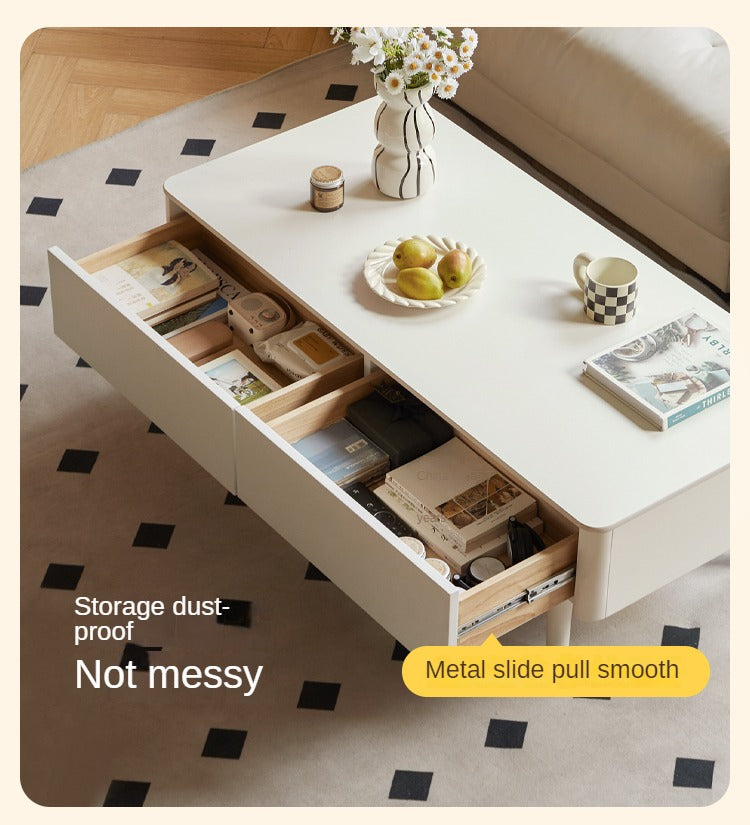 Rubber Solid Wood White Cream Style Rock Plate Coffee Table