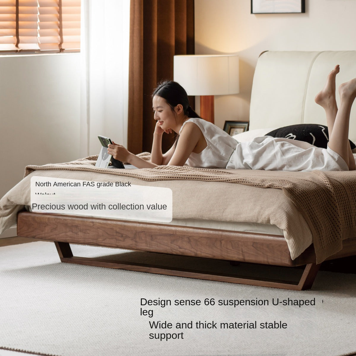 Teak, Black Walnut Solid Wood Genuine Leather Soft Bed Italian Light Luxury