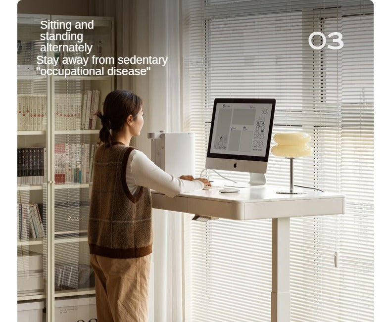 Solid Rubberwood Smart Electric Lift Desk Cream Style