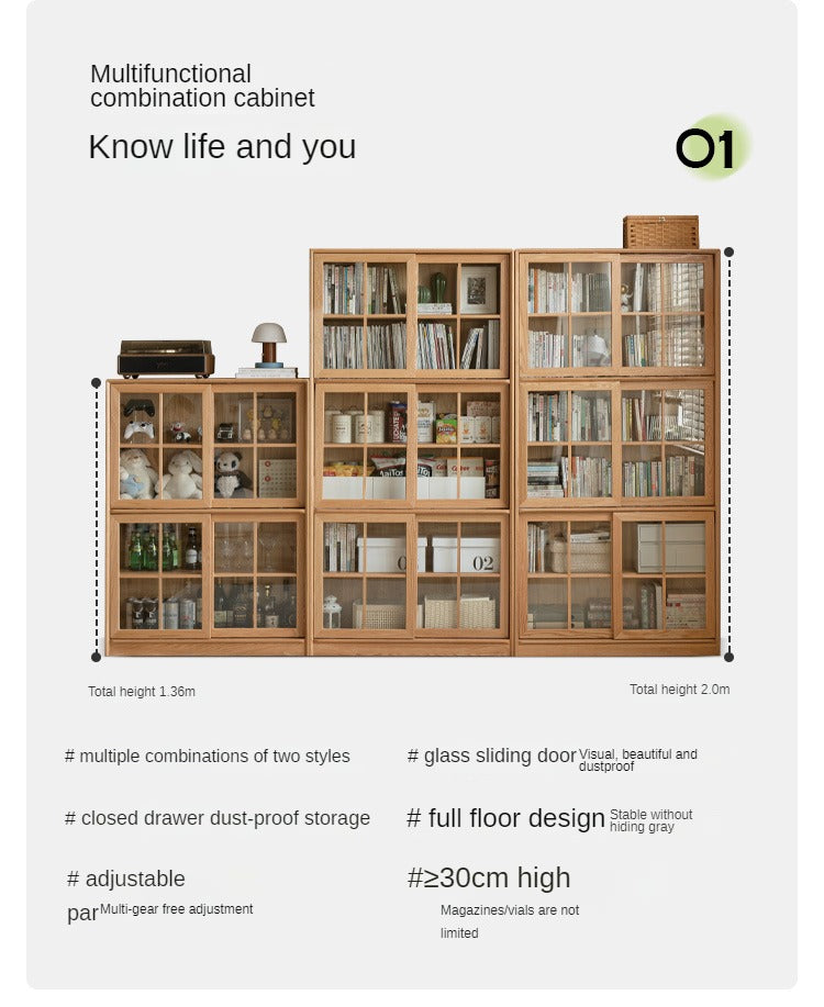 Oak Solid Wood Bookcase Floor to Floor Free Combination Sliding Door