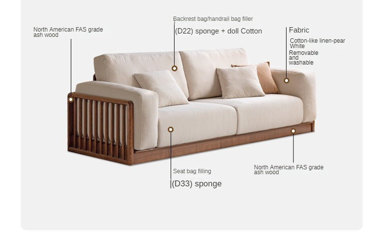 Ash Solid Wood Floor Fabric Tofu Block Sofa.
