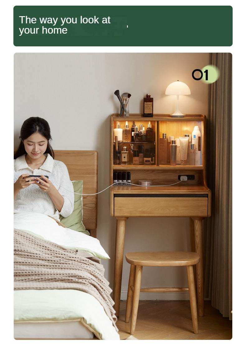 Oak, Ash Solid Wood Vanity Table Shelf Integrated.