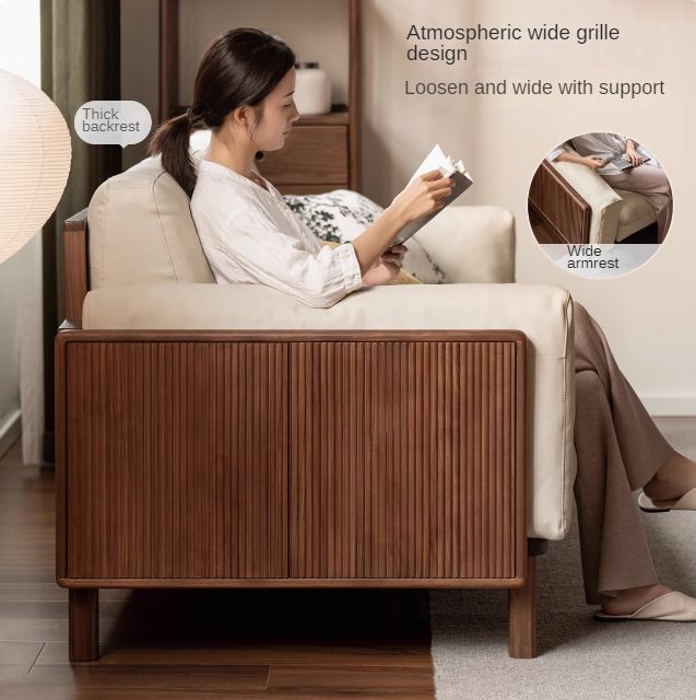 Black Walnut, Ash Solid Wood Leather High Back Sofa,