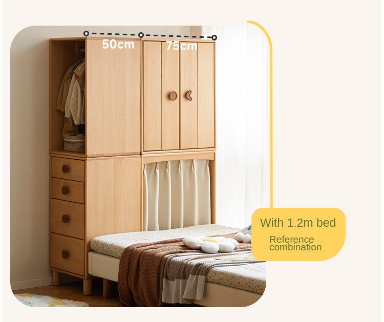 Beech, Rubber Solid Wood Children's Wardrobe,Combination Storage Cabinet