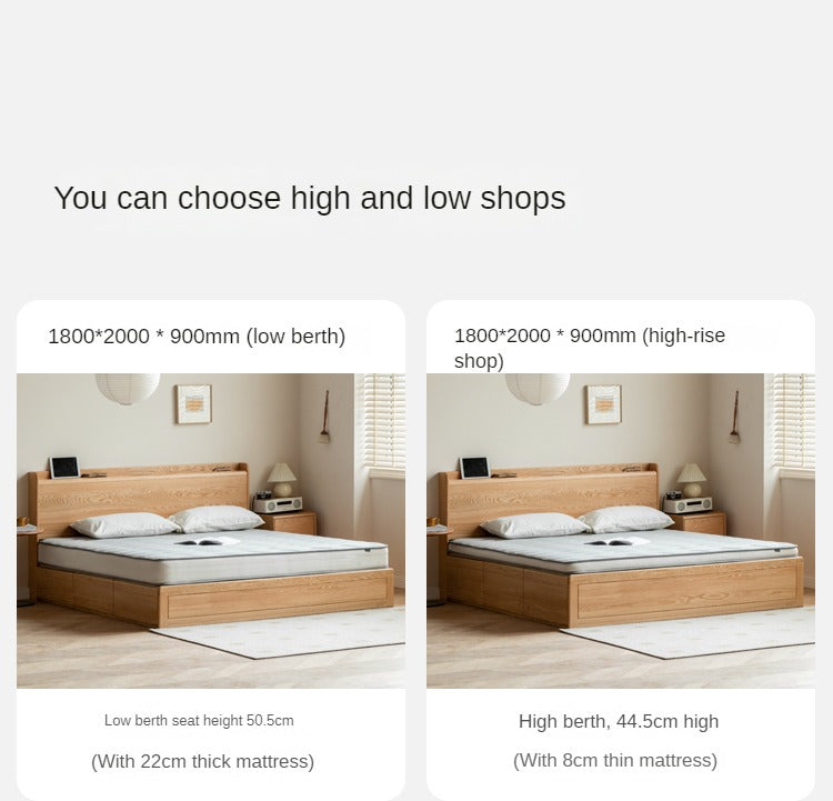 Oak Solid Wood Drawer Storage Bed with Sockets Box Bed