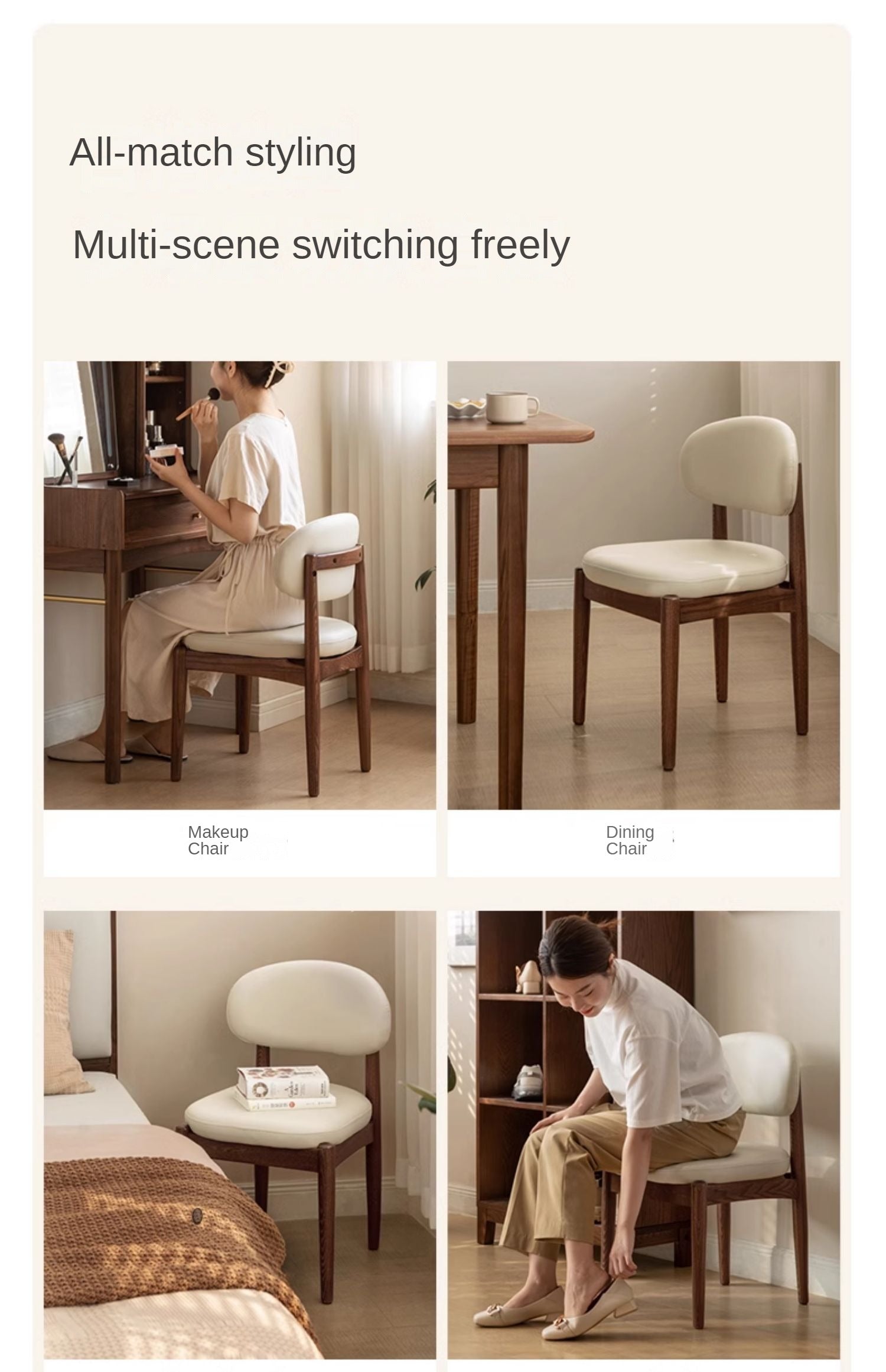 Black Walnut, Ash Solid Wood Modern White Soft Makeup Chair