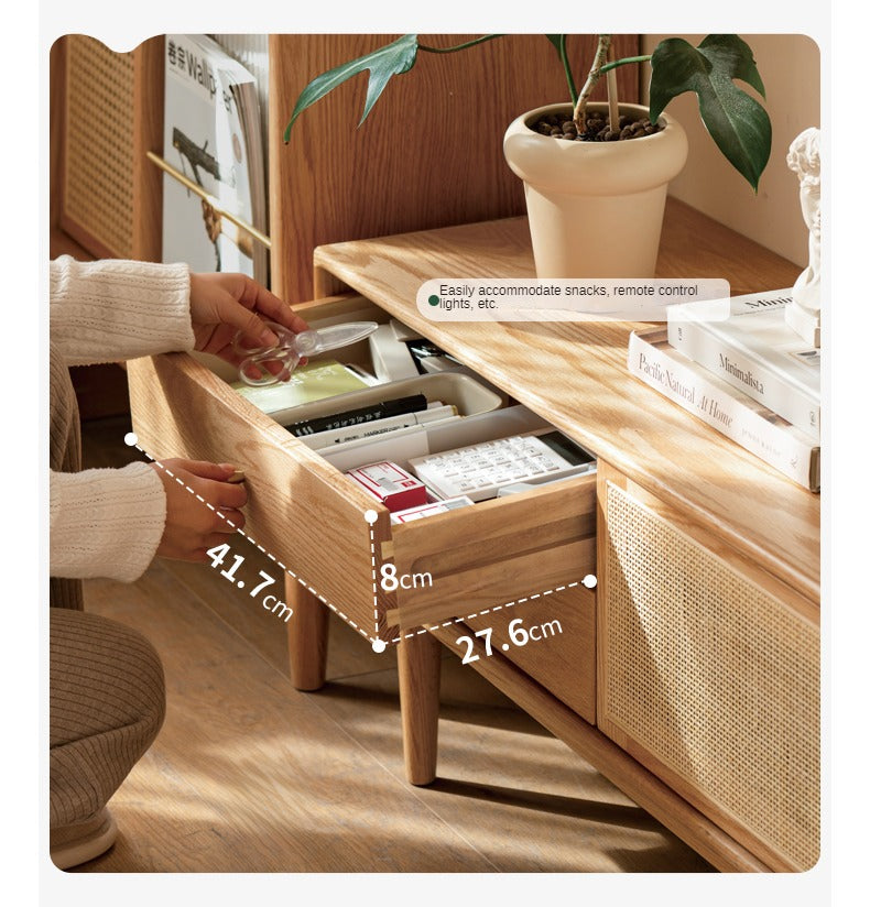 Oak Solid Wood Rattan TV Cabinet