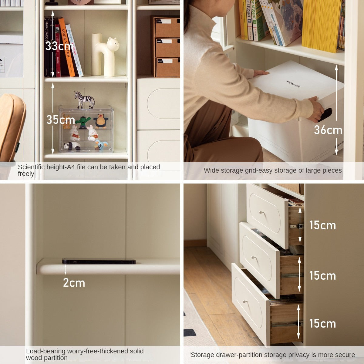 Poplar Solid Wood Bookcase White With Glass Door Whole Wall Combination French Cream Style