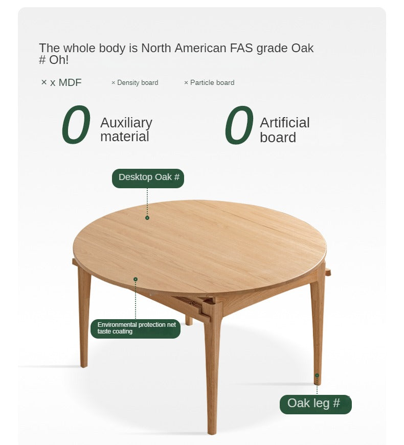 Solid Rubberwood, Oak Solid Wood Folding Round Retractable Dining Table