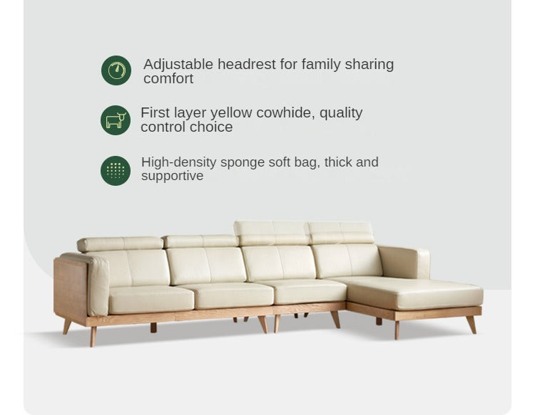 Ash Solid Wood L-Shaped Fabric Sofa with Adjustable Headrests
