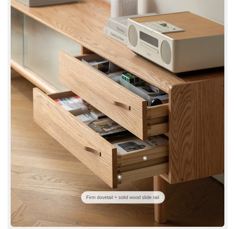 Oak Solid Wood TV Stand Sliding Door.