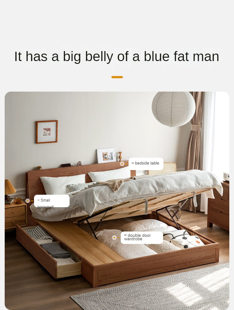 Oak, Rubberwood Solid Wood, Multifunctional Storage Box Bed