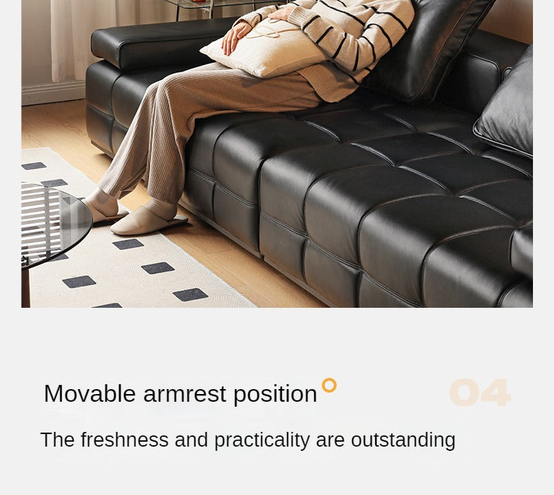 Leather Sofa Italian Black Straight Head Layer Yellow Cowhide.