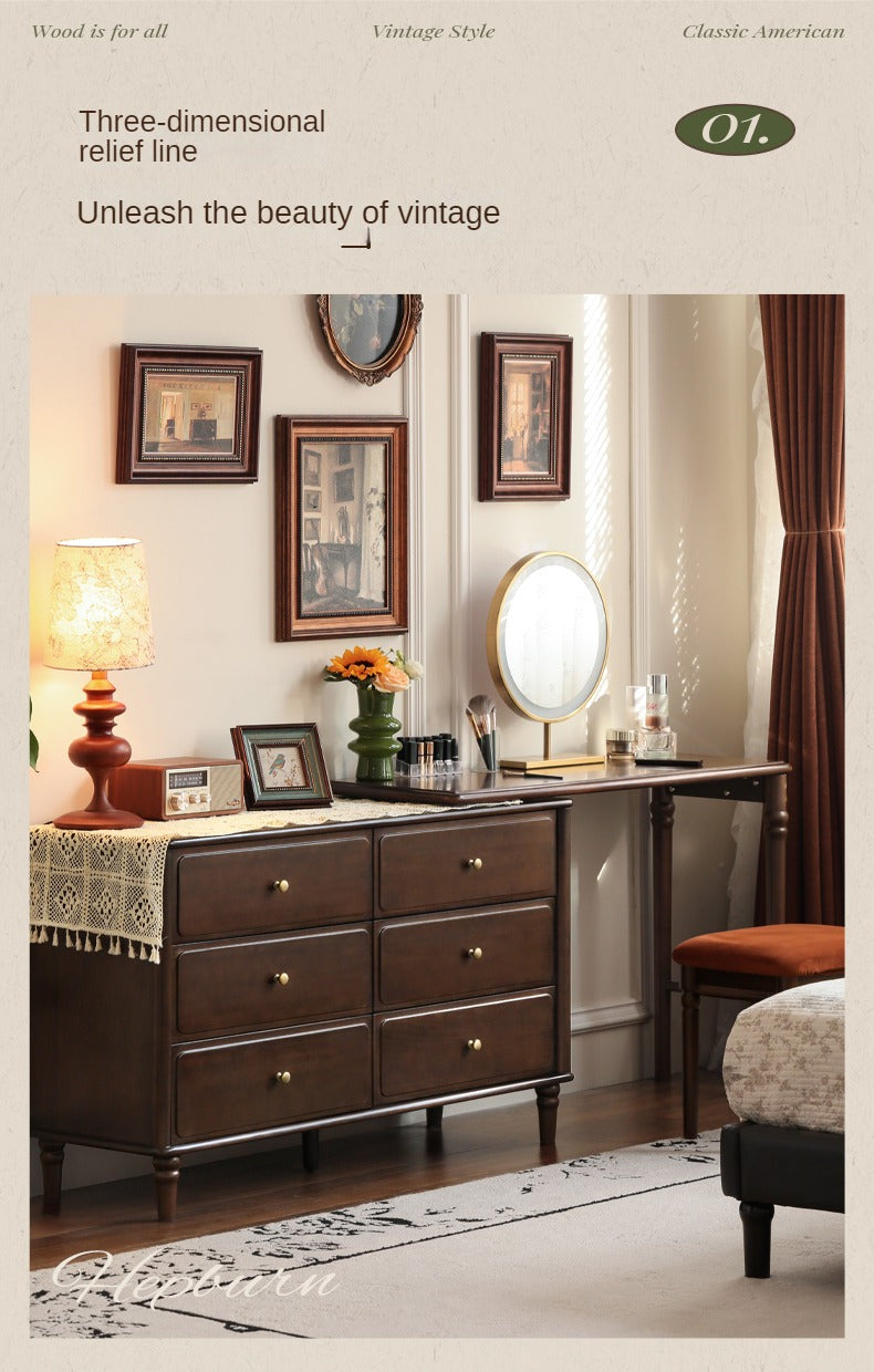 Black Walnut, Poplar Solid Wood American Retro Retractable Dressing Table.