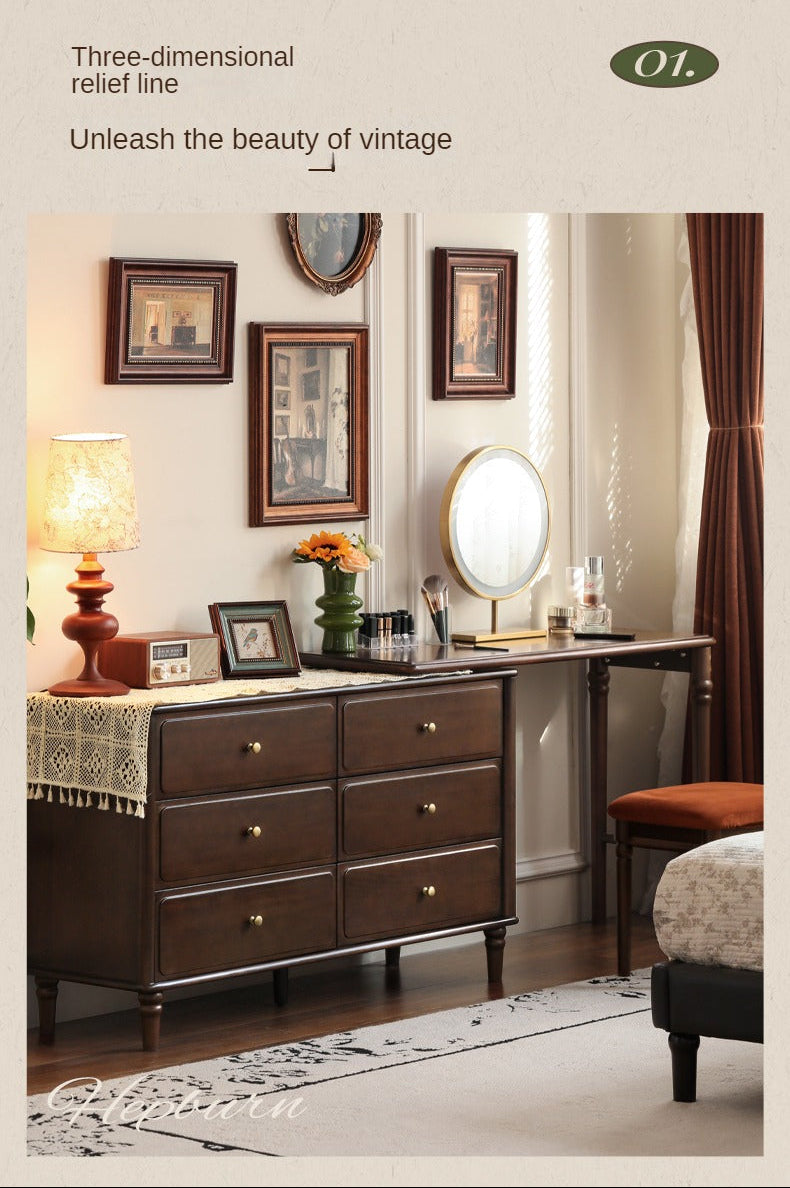 Black Walnut, Poplar Solid Wood Traditional Dresser with Attached Vanity Desk Extension and Turned Legs