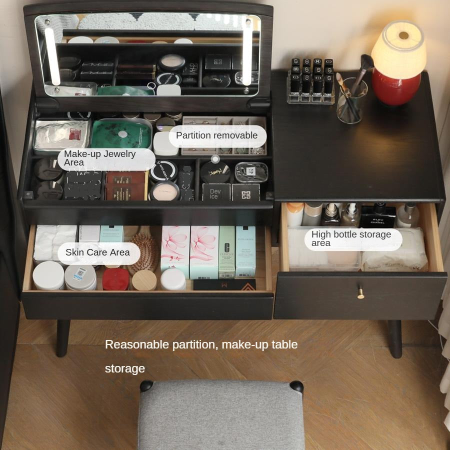 Oak Solid Wood Black Makeup Table Mirror LED Touch.