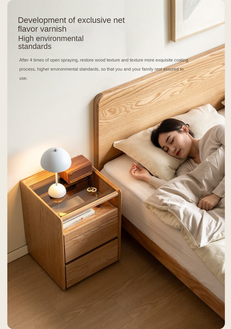 Ash, Oak Solid Wood Movable Glass Small Nightstand