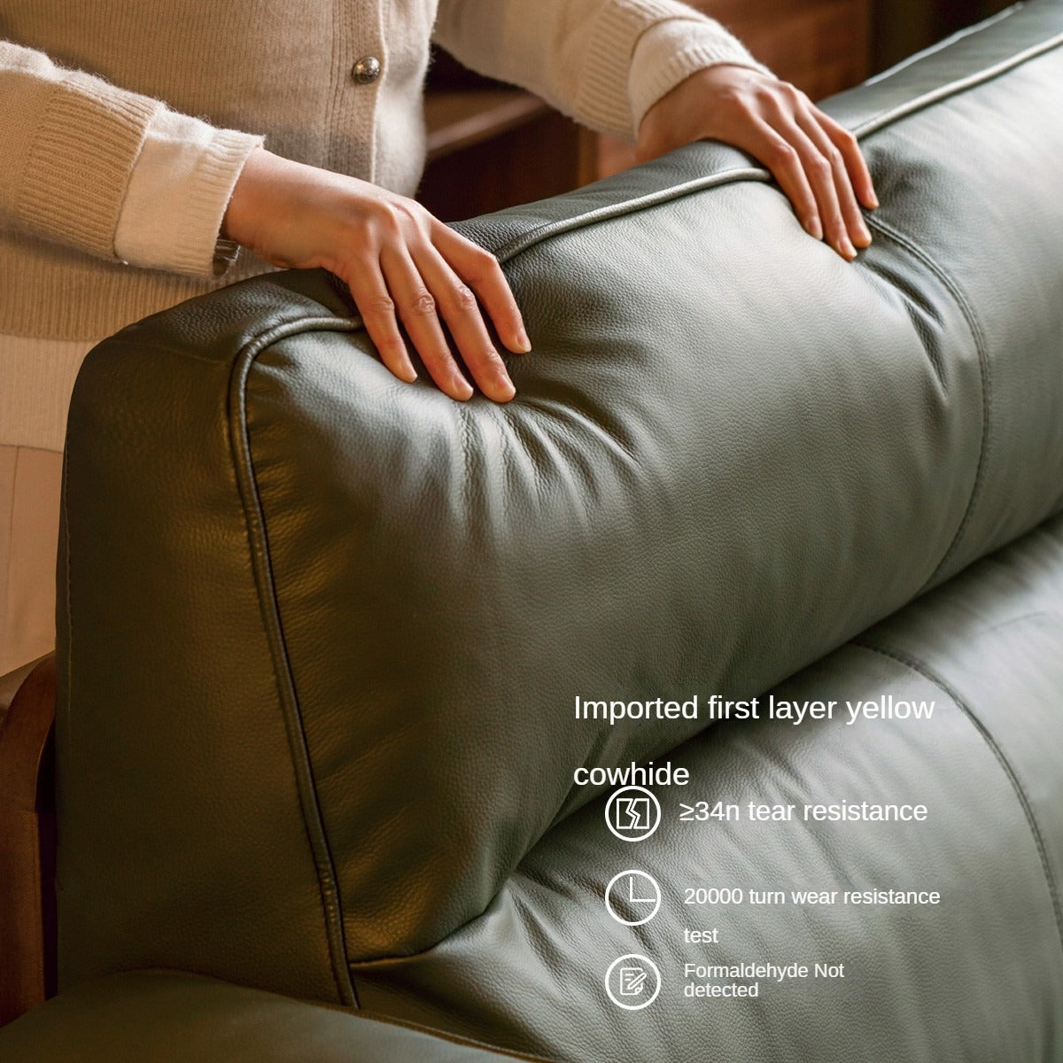 Black Walnut, Ash, Solid Sandalwood Wood Sofa with Genuine Top-Grain Yellow Cowhide Leather,fabrics