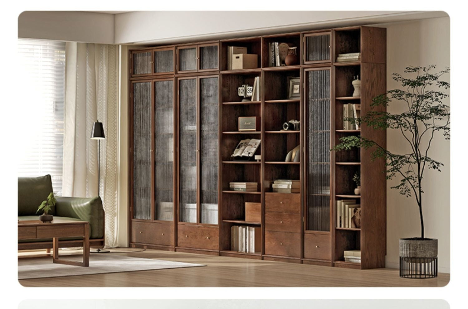 Oak Solid Wood Dust-Proof Glass Door Wall Floor-To-Ceiling Bookshelf