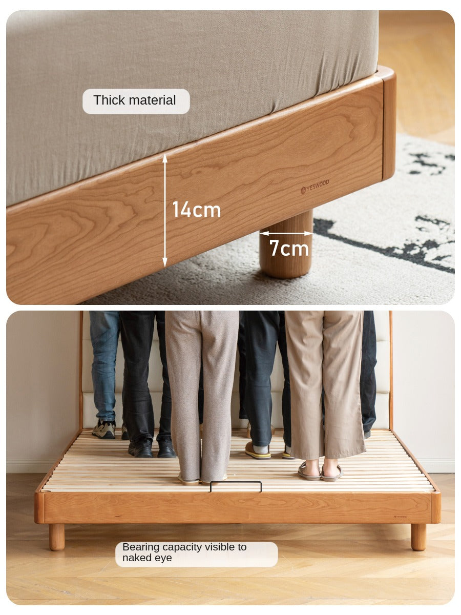 Cherry Solid Wood Bed with Retro Edge and Soft Headboard