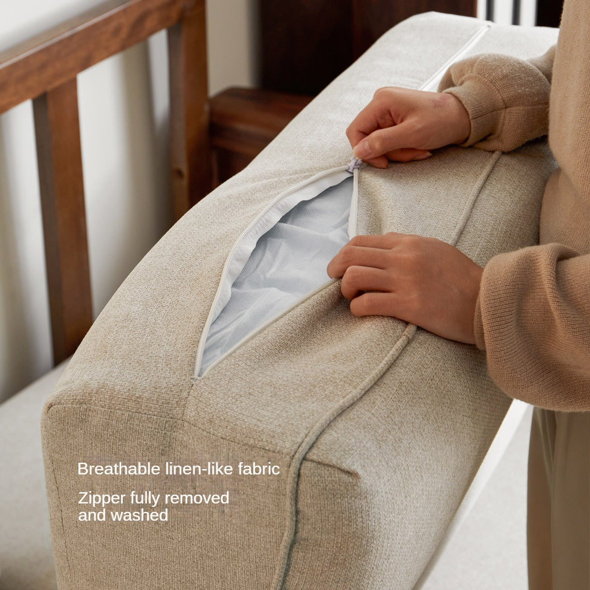 Sandalwood, Black Walnut Solid Wood Fabric Sofa.