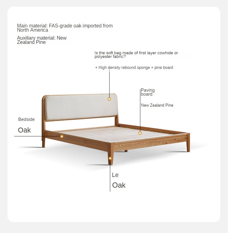Oak Solid Wood Bed Modern Genuine Leather,Technology Cloth, Fabric