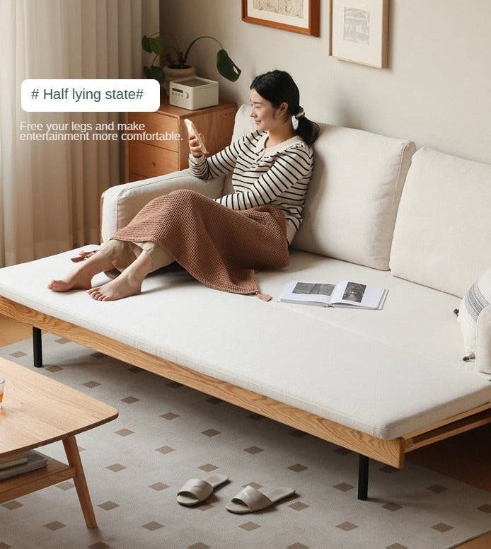 Oak Solid Wood Sofa Bed Folding White Goose Feather Cushions.